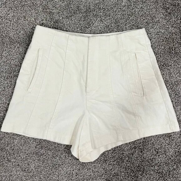 Zara Linen Blend Topstitched Creme White Ecru Shorts XS - Picture 2 of 4